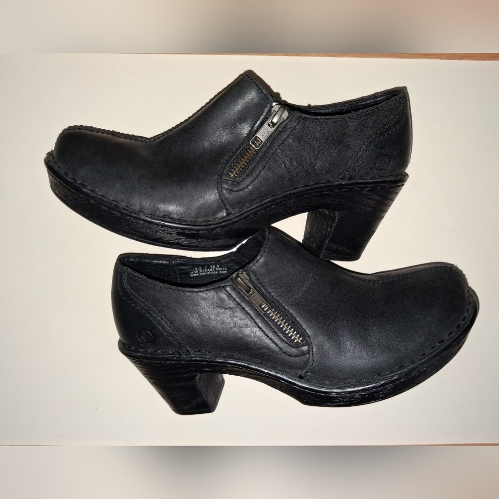 BORN Genuine SOFT Leather Clog Shoes - Black Slip On Side Zipper Womens Size 7.5 - Picture 14 of 16